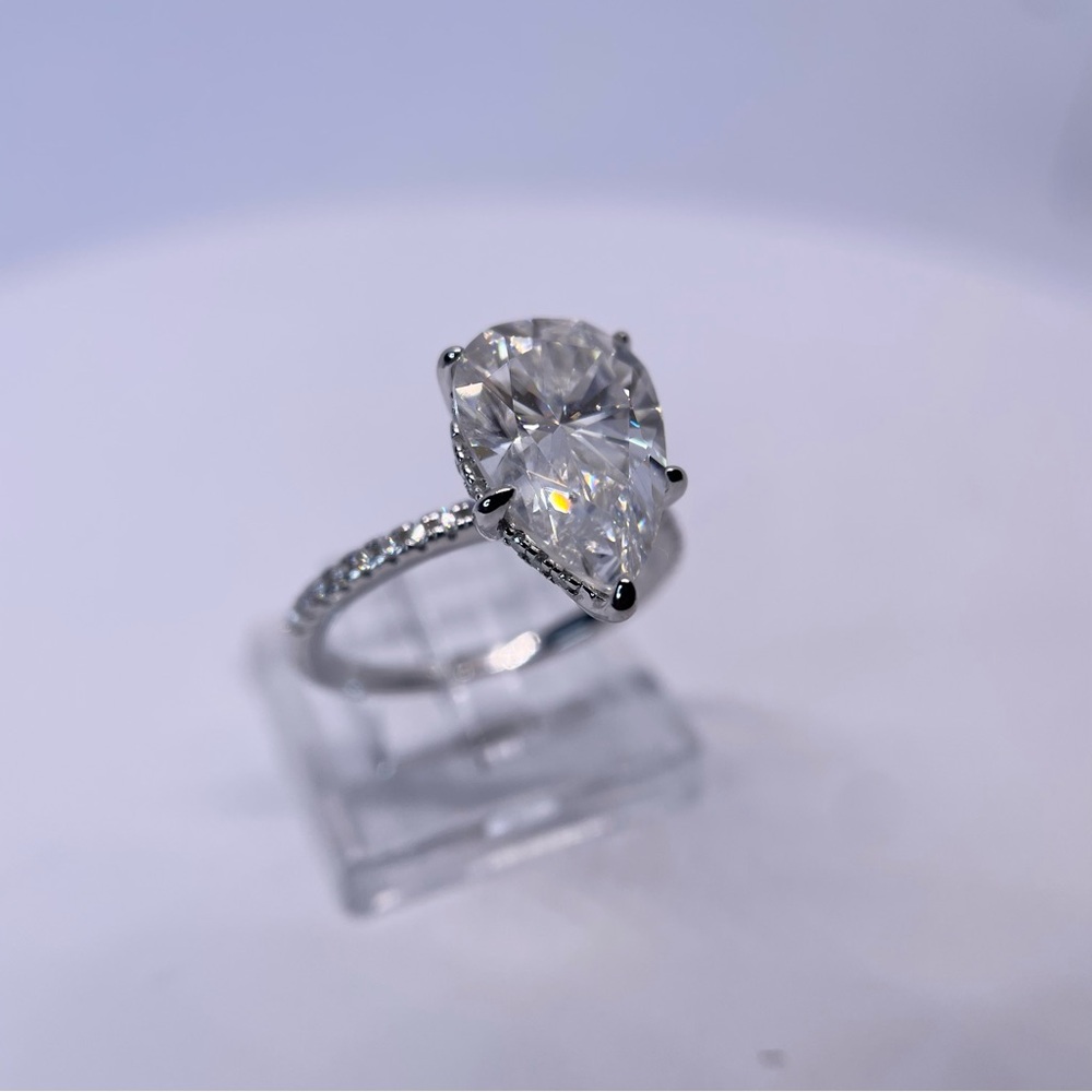 Moissanite Teardrop Ring 5 Ct Pear Cut Hidden Halo GRA Certified 18K - 925 - Picture 7 of 13